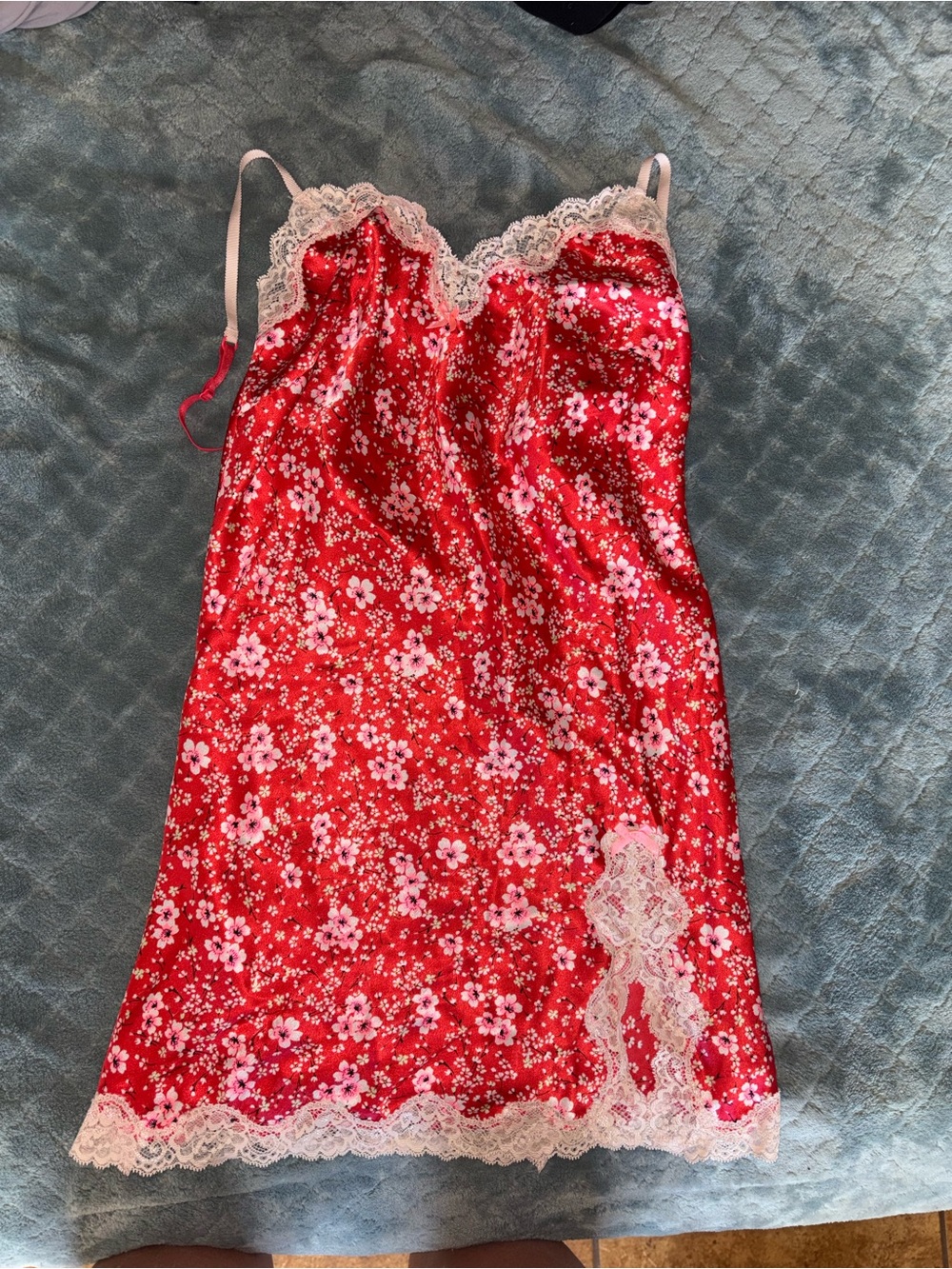 Victoria's Secret Red Floral Satin Lace-Trim Chemise